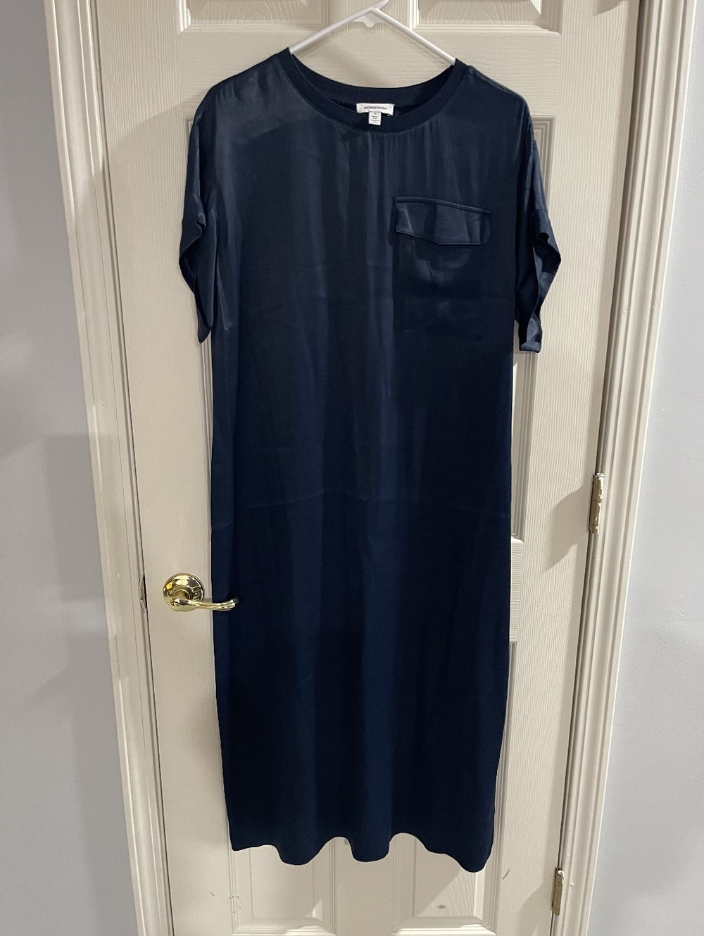 Nordstrom Womens Navy Blue Satin Short Sleeve Pocket Shirt Midi Dress‎ Size Med